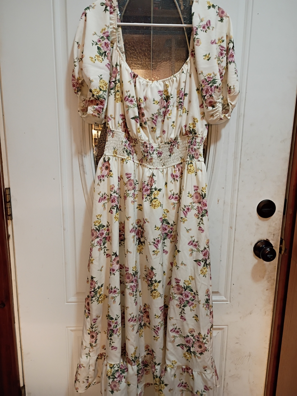 Cream Floral Maxi Dress with Smocked Waist